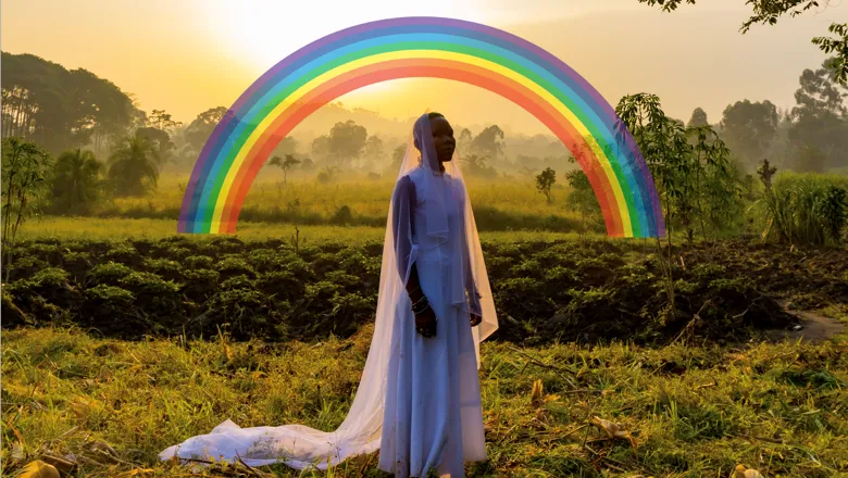 Cropped film poster of 'That Ugandan flaming homosexual' showing a person in a white dress in front of a rainbow
