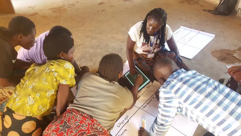 Discussing land use change with the help of remote-sensed images, Chinsamba Village, Malawi. Credit Genevieve Agaba, University of Southampton