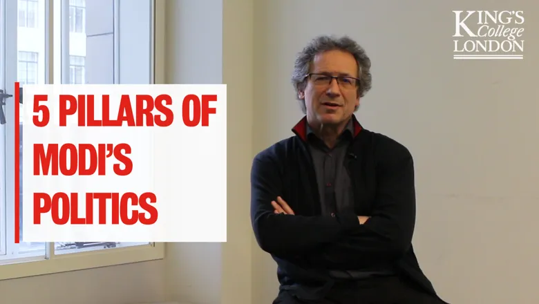 Thumbnail for Poll to Poll 2024 video. Picture of Professor Christophe Jaffrelot with text '5 pillars of Modi's politics'