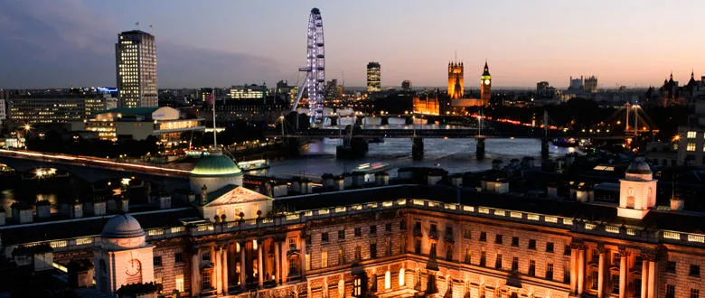 A view of the Thames from the Strand building where the History Department is located, over Somerset House, the Houses of Parliament and the London Eye.