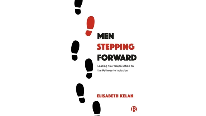 Book cover: men stepping forward. Text with graphics of footprints.