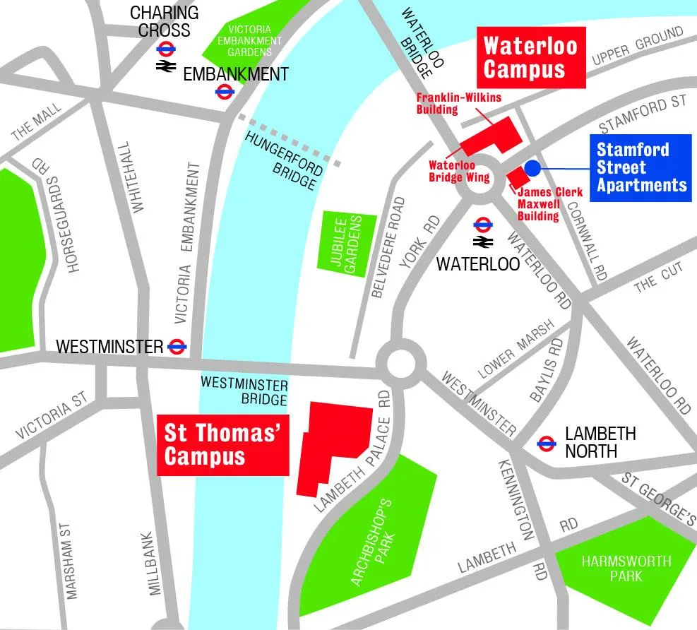 Waterloo Campus location in relation to St Thomas' Campus map