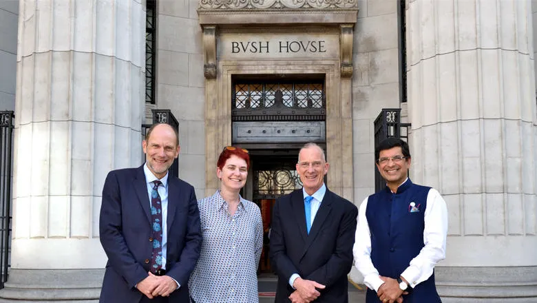 Senior university leaders from LSE, Imperial, UCL and King's gather outside King’s Bush House building.