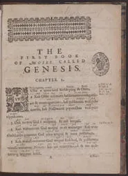 First page of text from the Algonquin Genesis, printed in Cambridge, Massachusetts in 1655. With decorative woodcut headpiece and initial letter. 