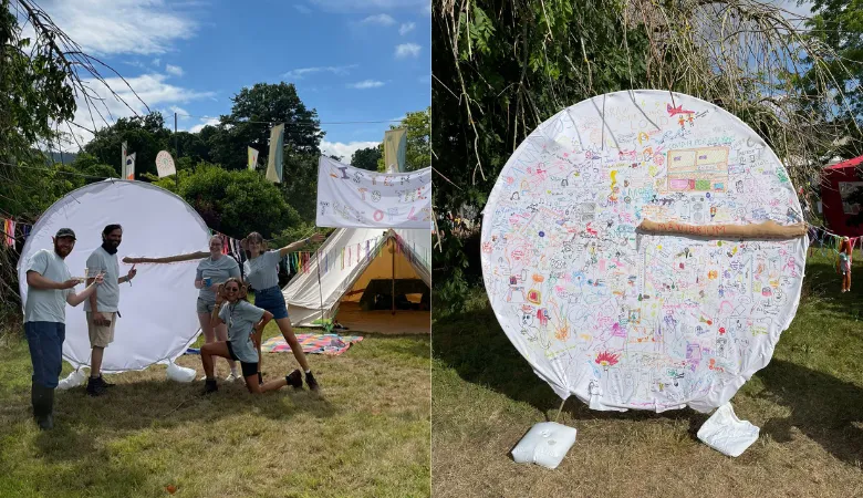 The team at the start of the festival with the giant eardrum, and the finished art piece.