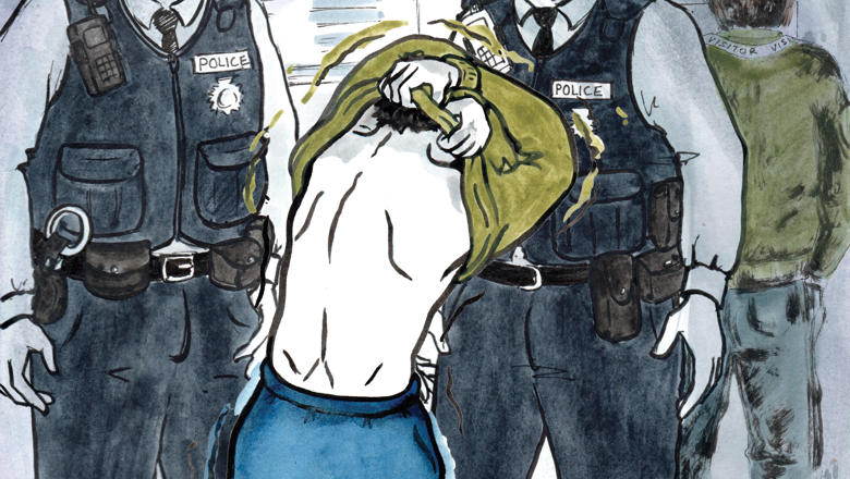 Illustration artwork of a child being detained in police custody