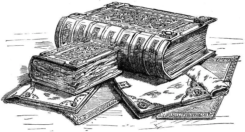 A black and white engraving of medieval bound books and other documents