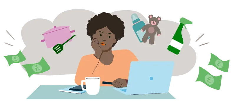 Graphic of a woman at a laptop surrounded by icons of money, cooking, childcare, money and cleaning