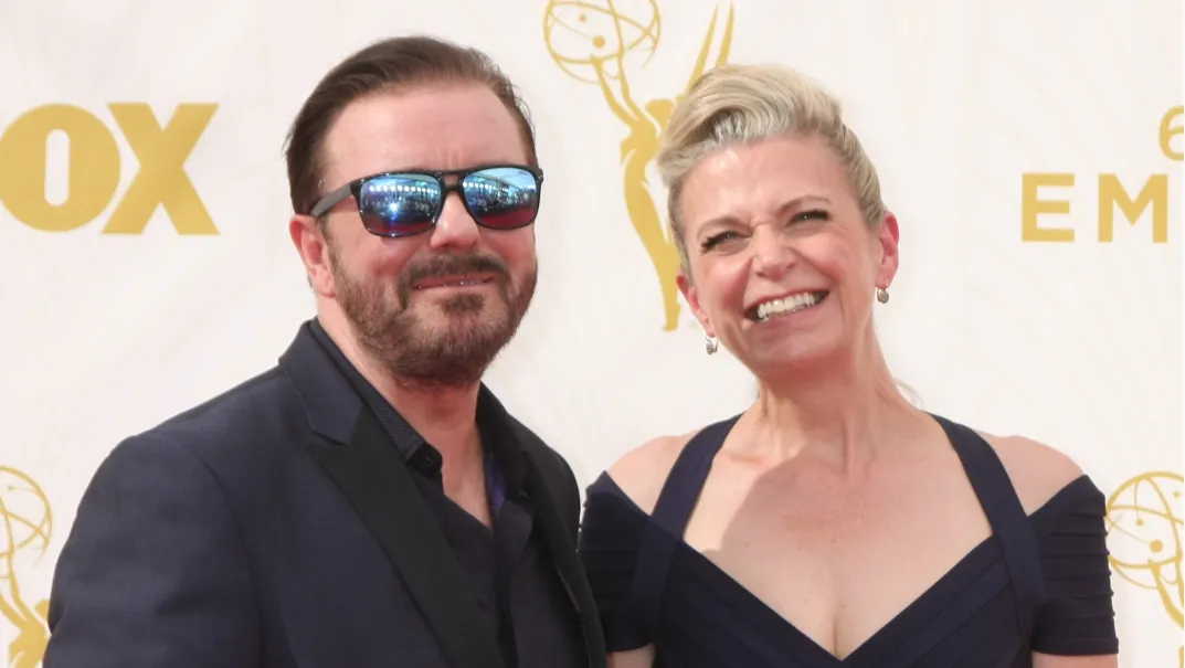 Ricky Gervais and Jane Fallon at the Primetime Emmy Awards Arrivals at the Microsoft Theater on September 20, 2015 in Los Angeles, CA