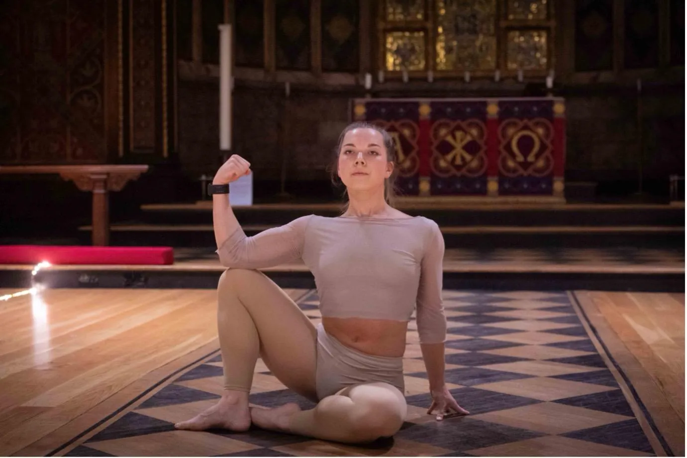 Feedback Loops performance in the King's Chapel, dancer Anna Spink. Image: Nathan Clarke Photography