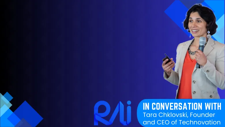 Tara Chklovski's portrait against blue background. Caption reads: In Conversation with Tara Chklovski, Founder and CEO of Technovation