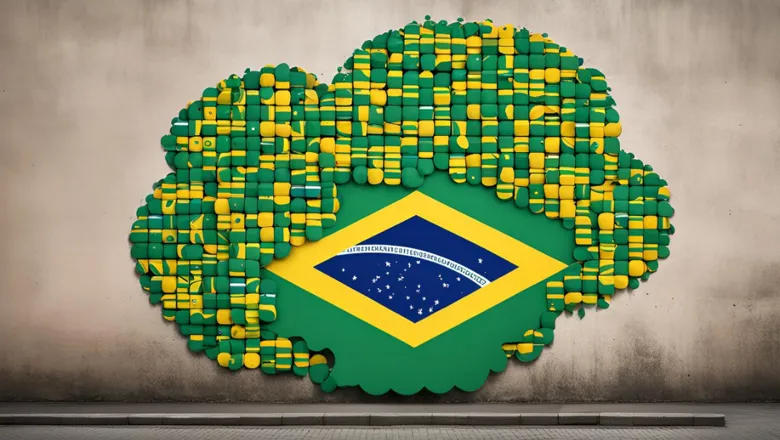 Image created with the Runway ML text-to-image generative model, using a prompt that requested several Brazilian flags in the shape of the cloud computing icon, rendered in an artistic style.