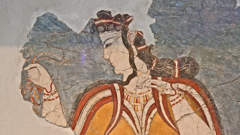 he Lady of Mycenae, ancient fresco of the 13th century BC, from the Acropolis of Mycenae. Shutterstock