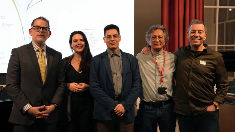 Left to right: Ambassador Ignacio Higueras, Sofía Kirwan-Baez, Mark Contreras Waiss, Dr Luis Rebaza-Soraluz, Professor Rajmil Fischman (Keele).