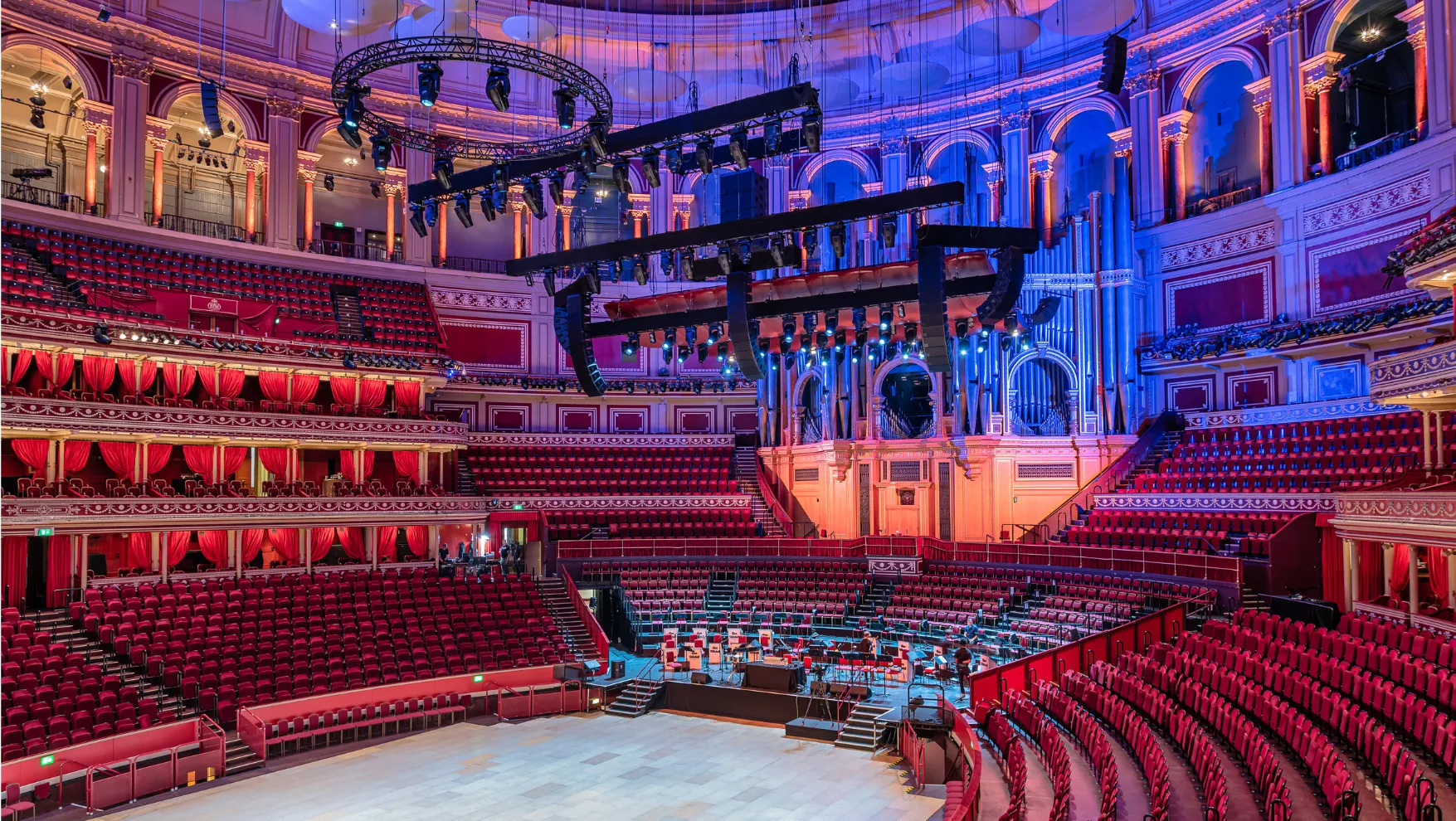 The stage and the oval shaped auditorium of the Royal Albert Hall in South Kensington