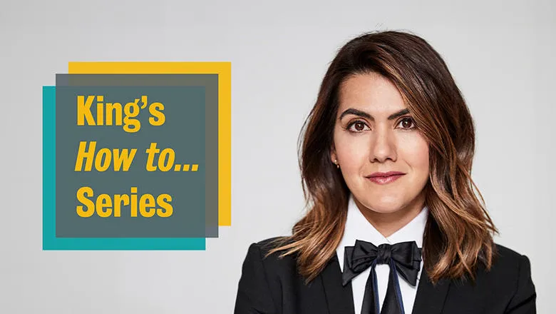 An image of a woman with long dark hair, wearing a bow tie, on a grey background next to a logo that says 'Kings How to Series'