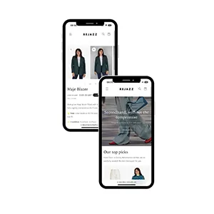 An image of two phone screens showing the Rejazz website. One is the home page bearing the message ‘Secondhand without the compromise’. The other advertises a chic jacket with details and a price tag.