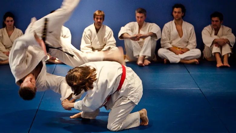 A young woman wearing a white martial arts uniform throws a young man wearing a similar uniform through the air. Other martial arts students sit and watch in the background