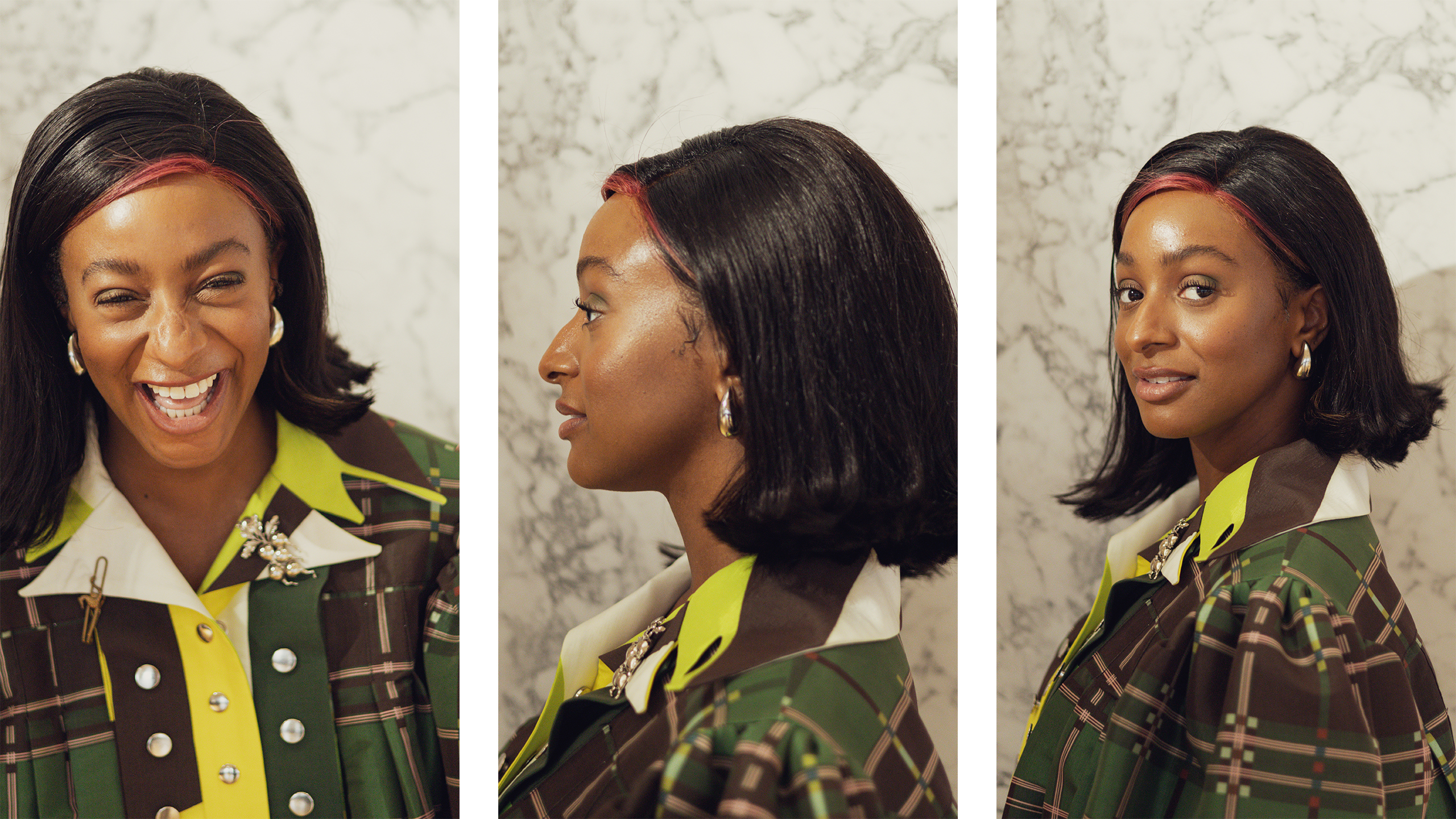 A woman wearing bright colours, with short brown hair, poses in three different ways