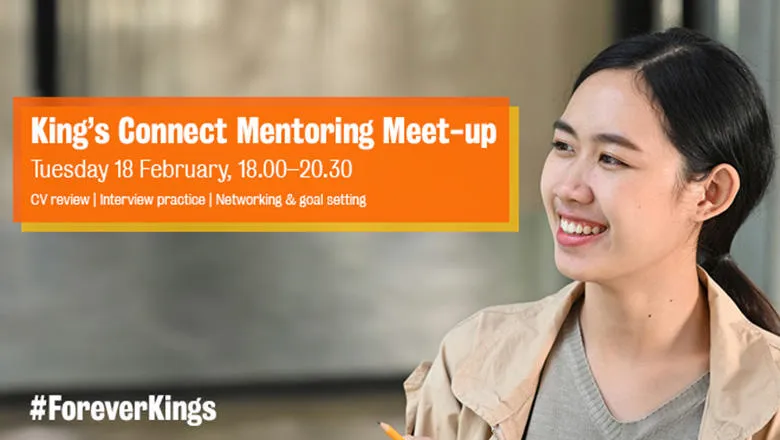 A woman with long dark hair smiles alongside an orange box graphic including details for the mentoring event