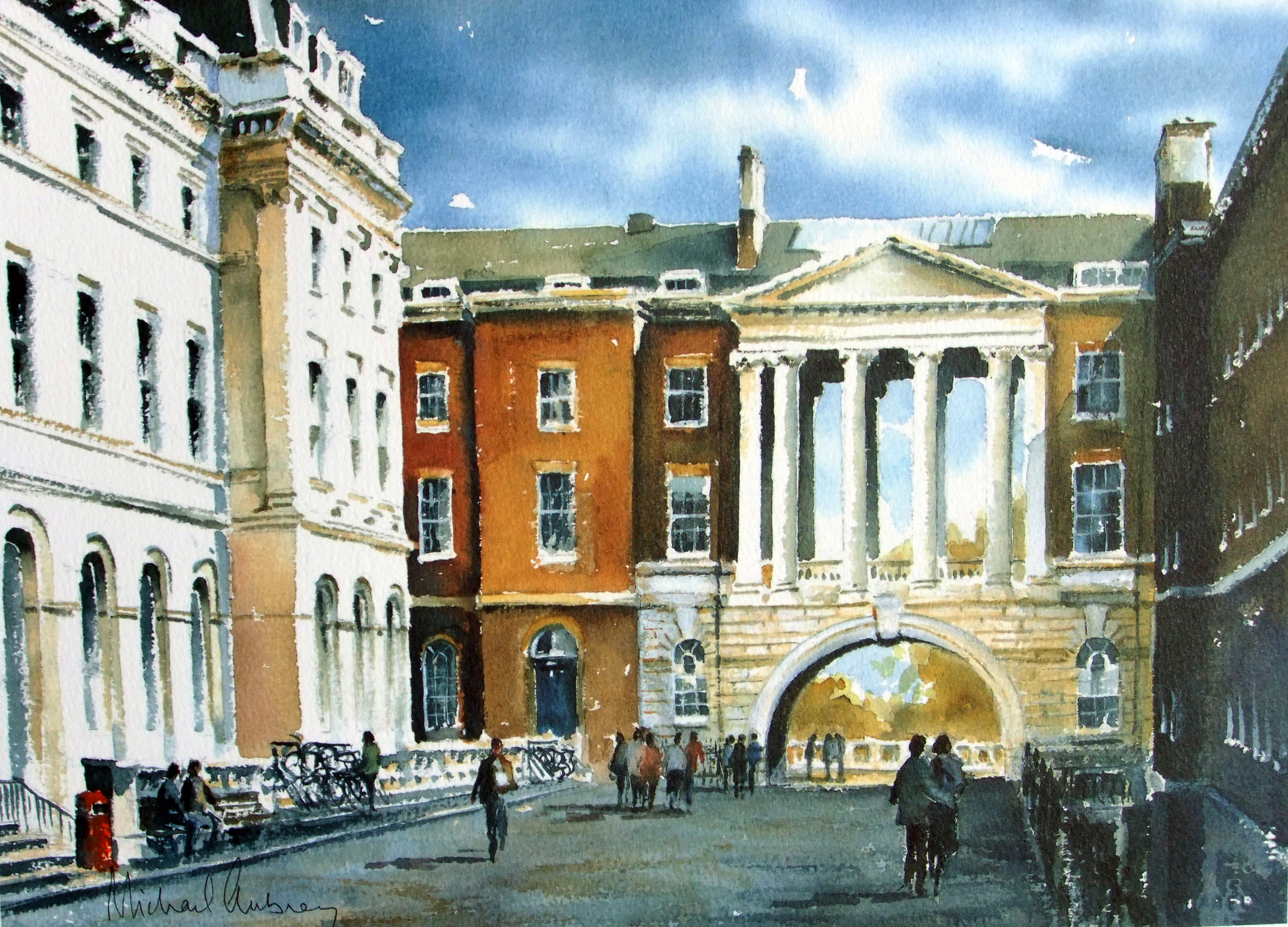 A watercolour painting of the King's Quad, with a few people walking underneath the white, neoclassical colonnade