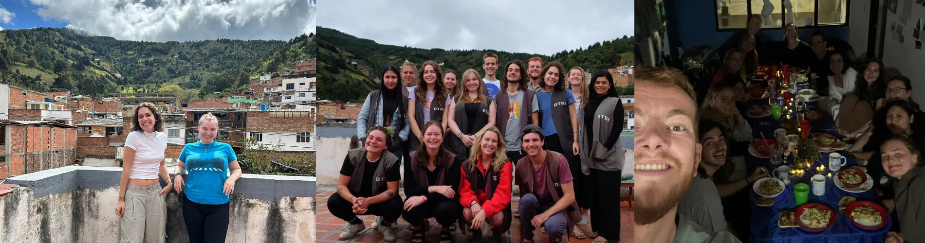 Three group shots of Amy and fellow volunteers, infont of a mountain landscape and around a table sharing a meal.