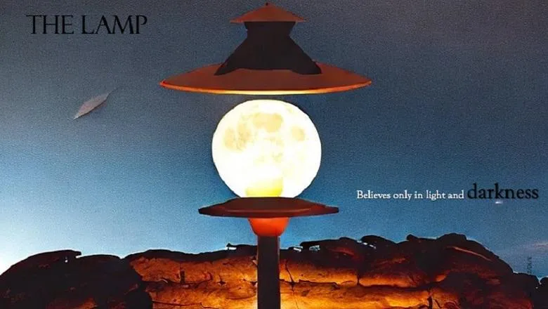 image of a lamp and dark sky background, text reading the lamp believes only in light and darkness