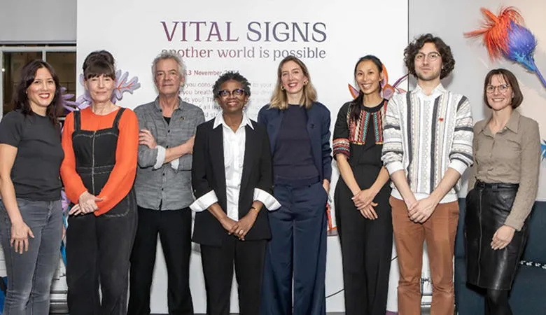 Vital Signs Launch from L-R Gayle Chong Kwan, Heather Ackroyd, Dan Harvey, Funmi Olonisakin, Beatrice Pembroke, Jen Wong, Saifeddine Benamar,Laura Purseglove