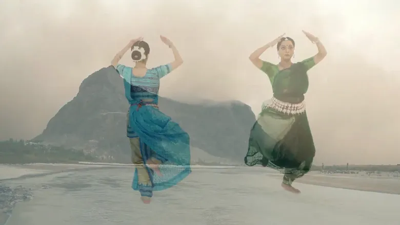 Two people dancing semi transparent with the image of a mountain behind them