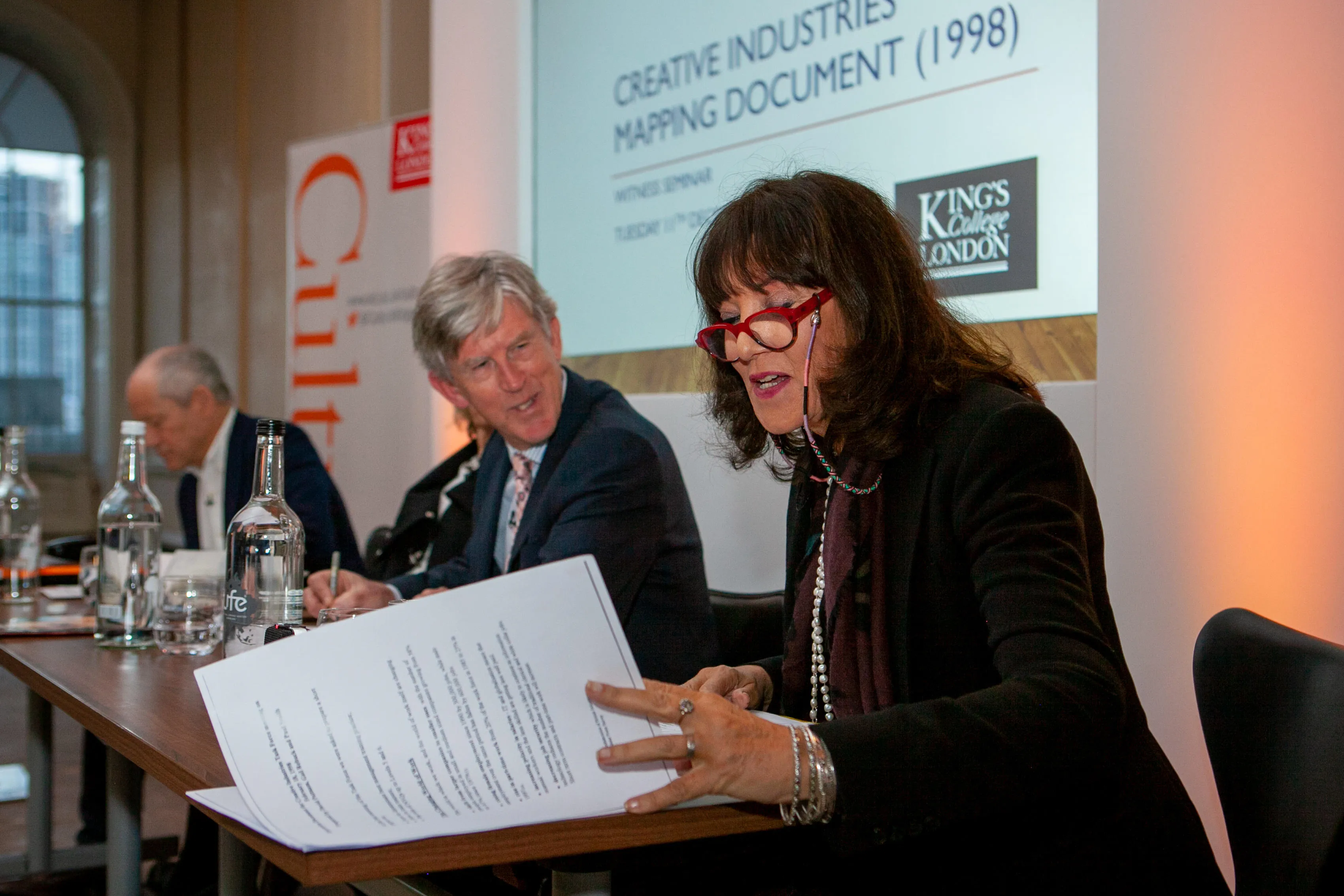 John Newbigin, Ian Hargreaves and Gail Rebuck at the witness seminar held at Somerset House, Tuesday 11 December 2018. 