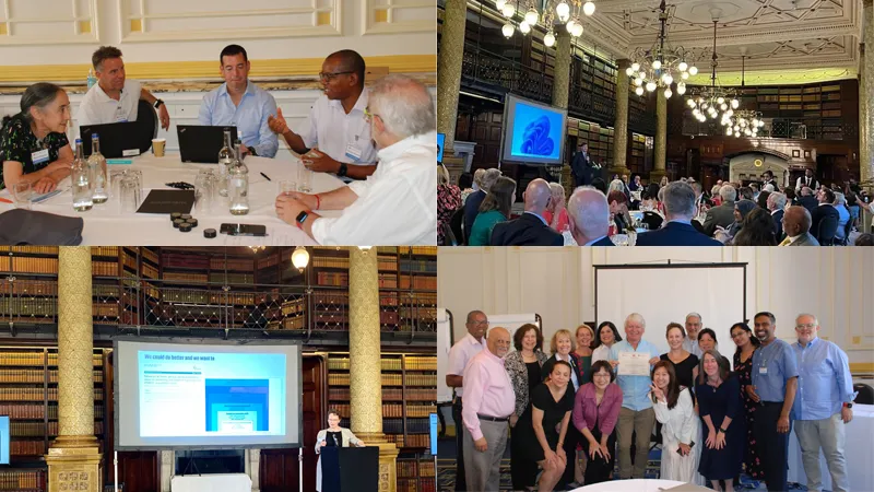 (Clockwise L-R: Participants in discussion at a workshop; Executive Dean Professor Michael Escudier giving address; group photo with participants; Professor Jenny Gallagher presenting)