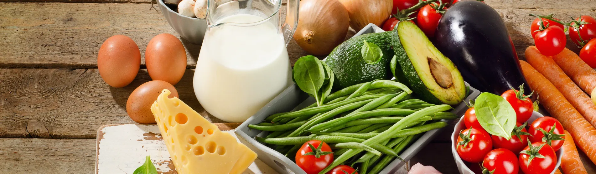 A selection of food items on a wooden table