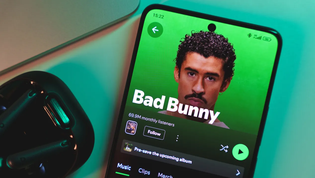 A smartphone displaying Bad Bunny's artist profile on Spotify. January 5, 2025