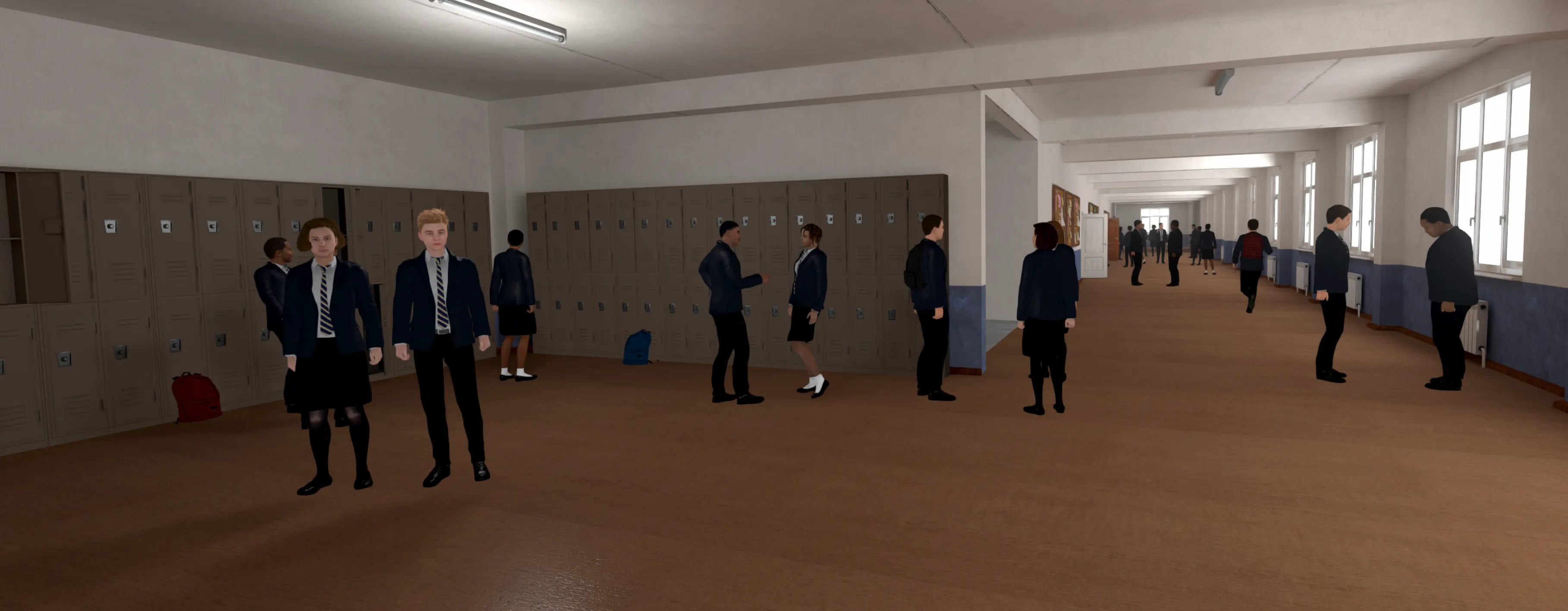 By the school lockers and looking down a corridor busy with children