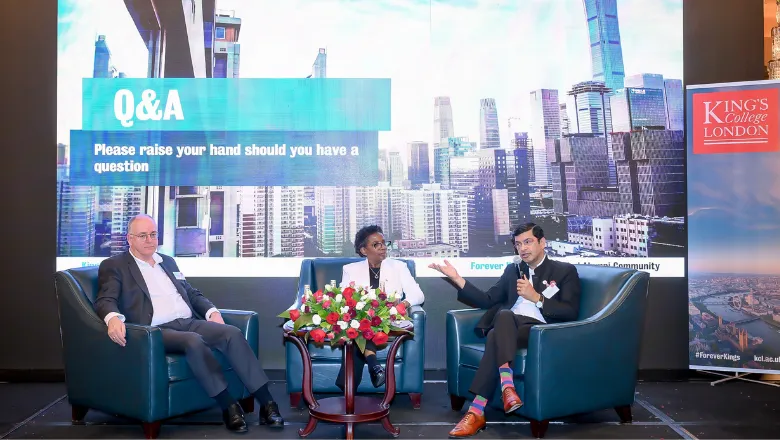 Professor Shitij Kapur, Professor 'Funmi Olonisakin, and Professor Kerry Brown lead Q&A with alumni in Beijing.