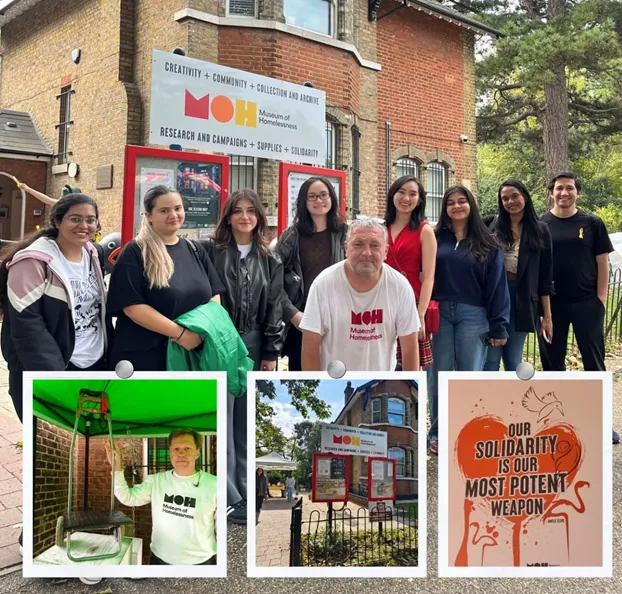 A group outside a museum with photos at the bottom of someone taking part in an activity, the building and a poster