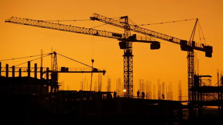 Cranes are silhouetted against an orange sky