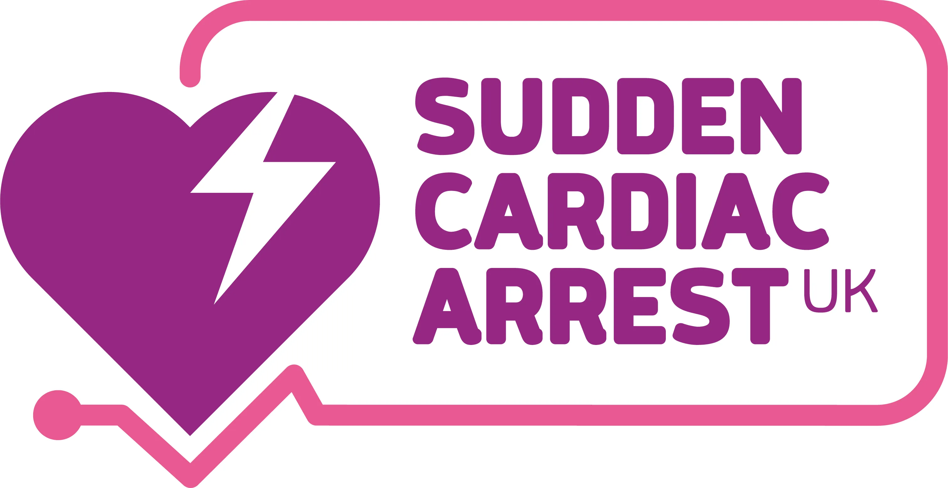 A purple heart with a white lightning bolt with 'Sudden Cardiac Arrest UK'