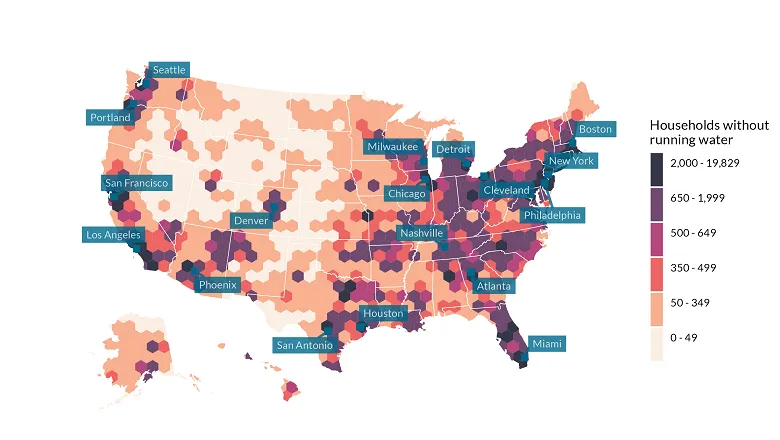 Map showing how in cities across the US, many households had no access to running water in 2017–2021