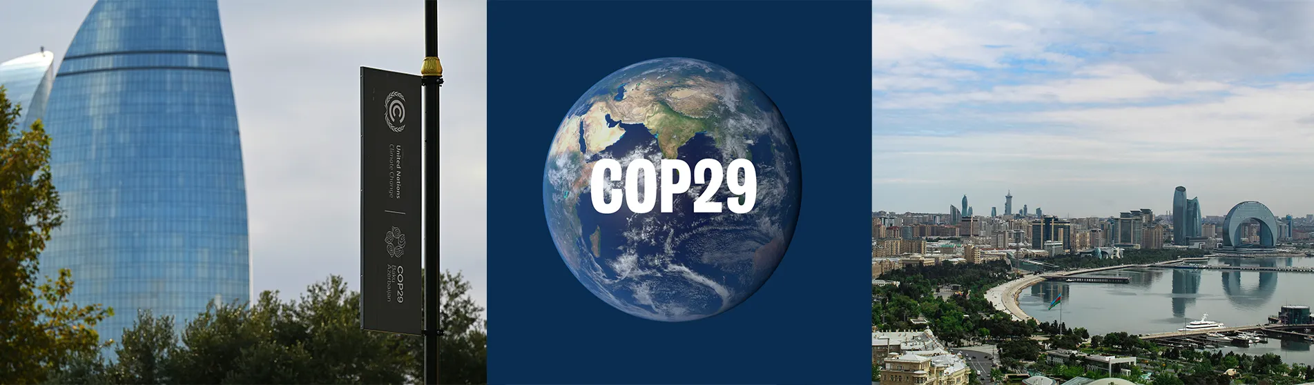 COP29 signage, Baku and an image of the earth with COP29 on it