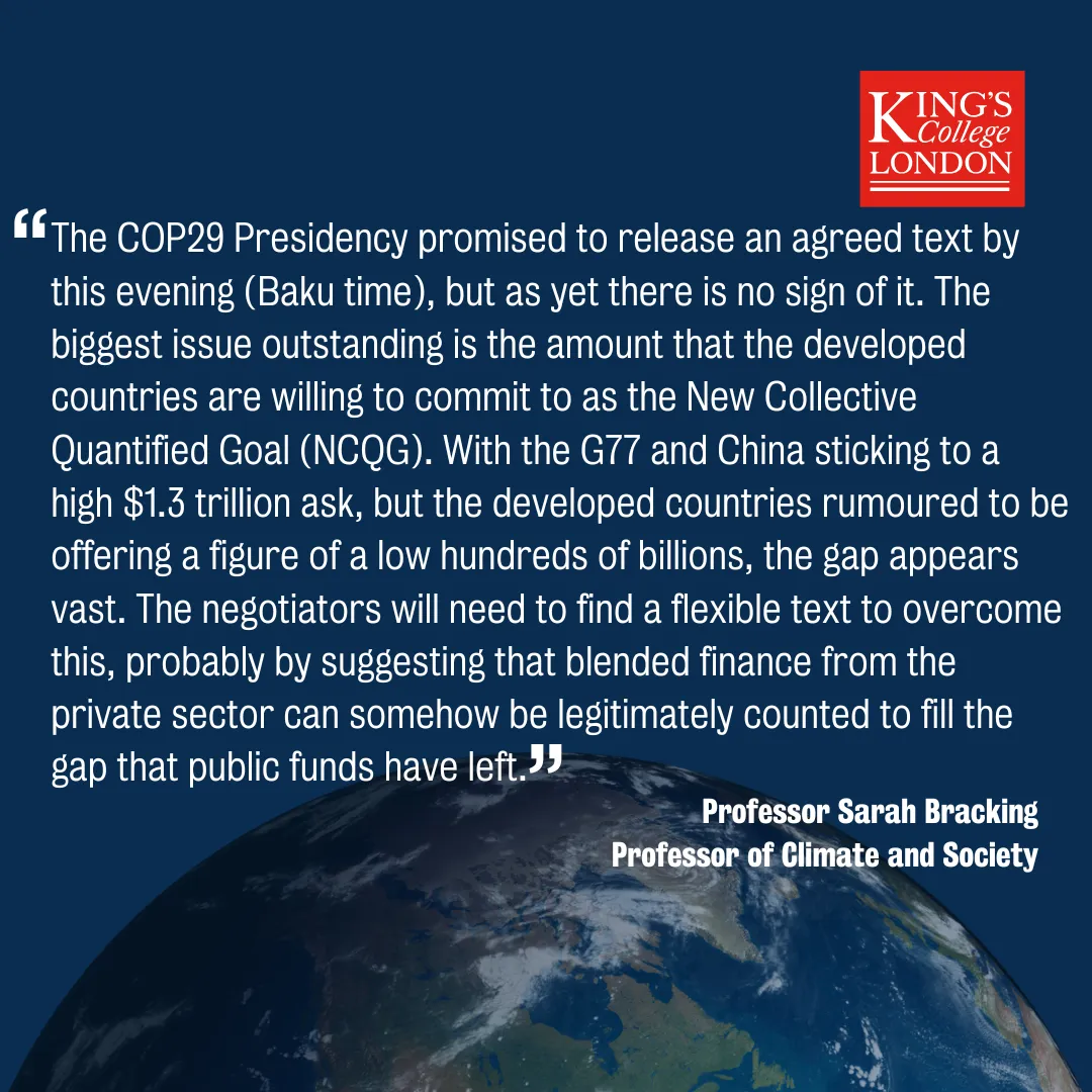 COP29 negotiations quote from Prof Sarah Bracking, image of earth and King's logo