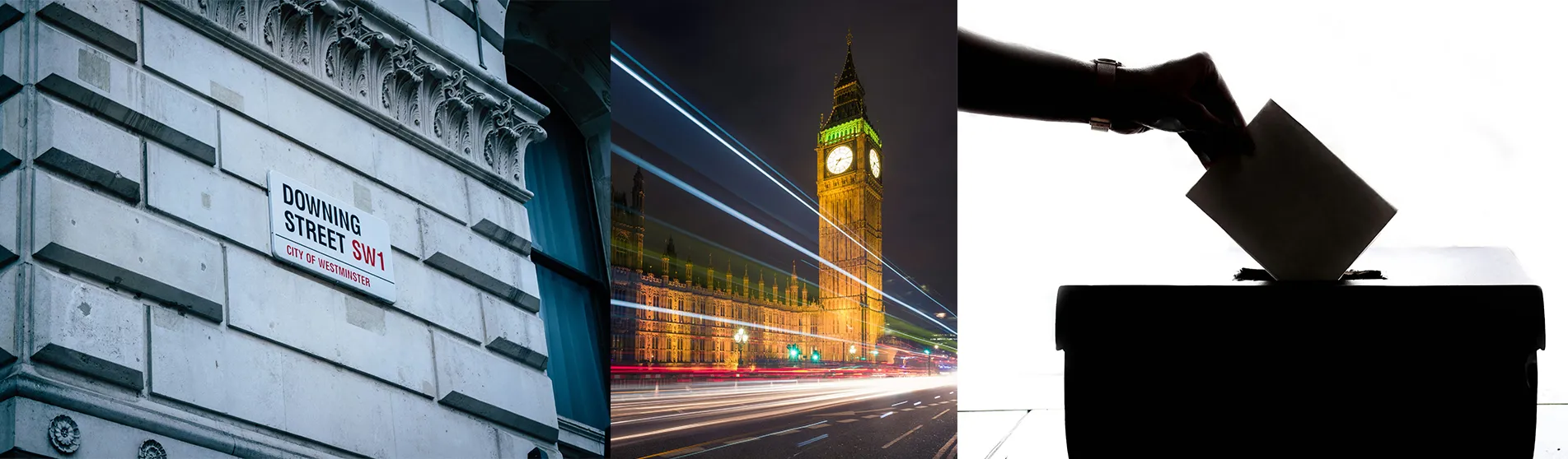 montage of images of Downing Street, Parliament and someone putting a vote in a ballot box.