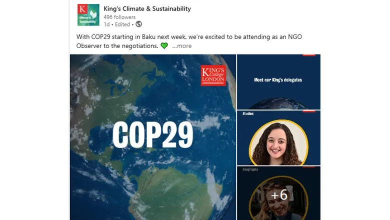 image of a Linked In post about King's COP29 delegates