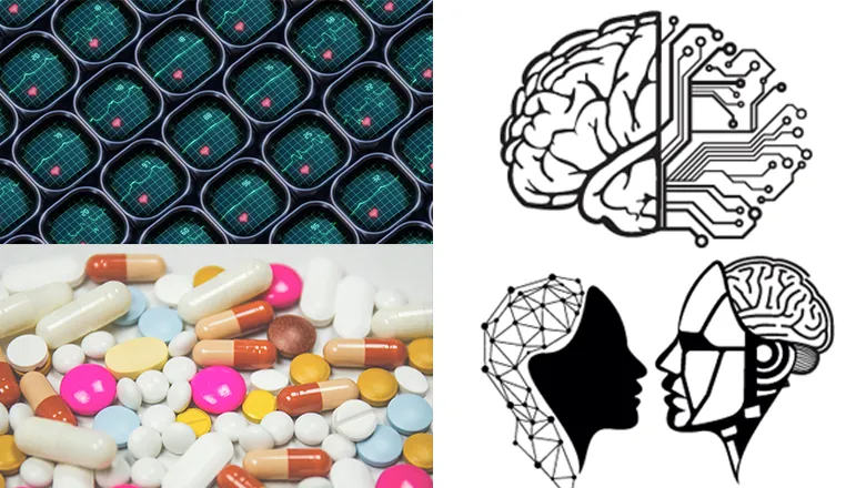 Images of heart-rate health monitors, medicines, human brain and artificial intelligence.