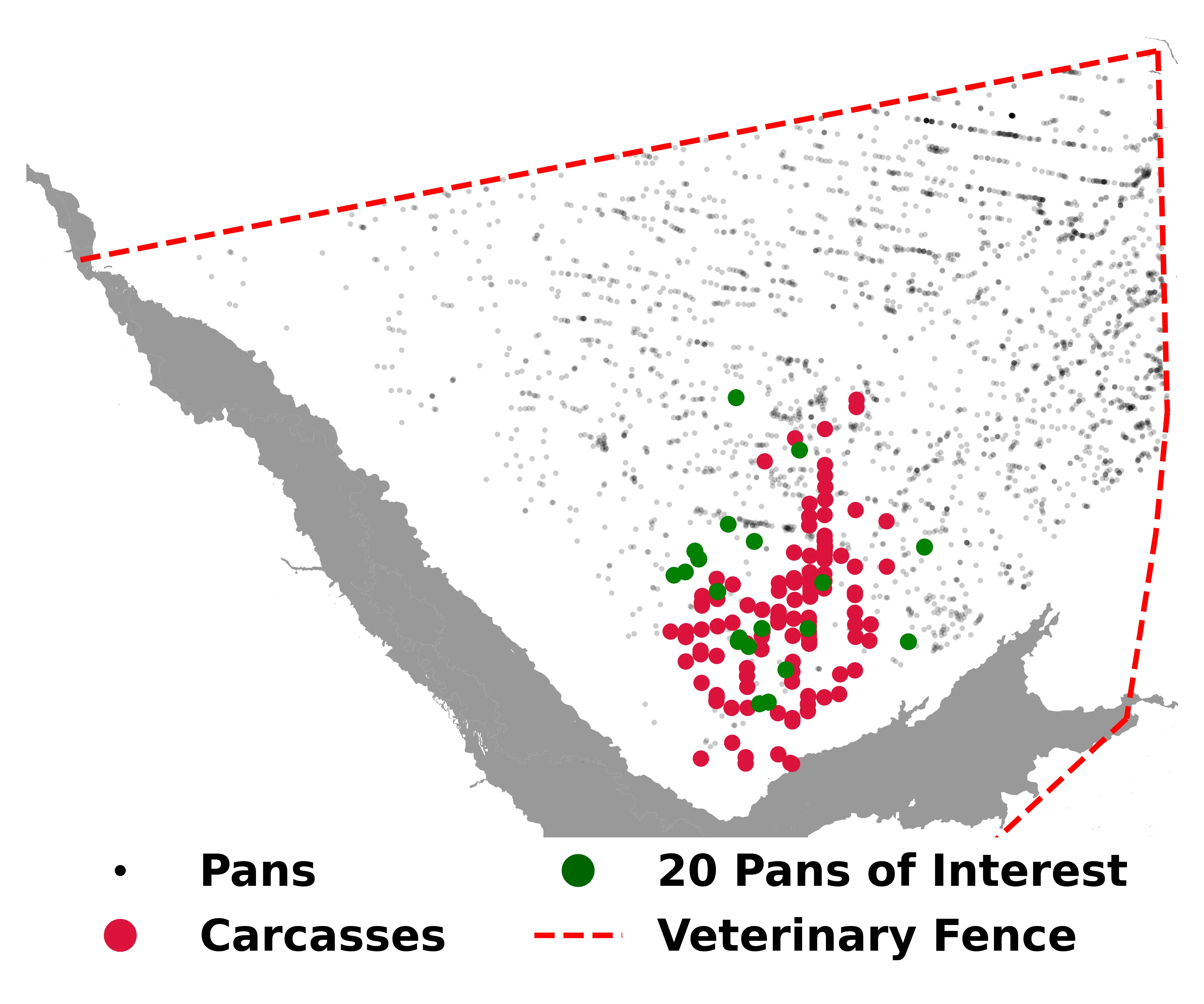 map showing water holes or 'pans' and location of elephant carcasses