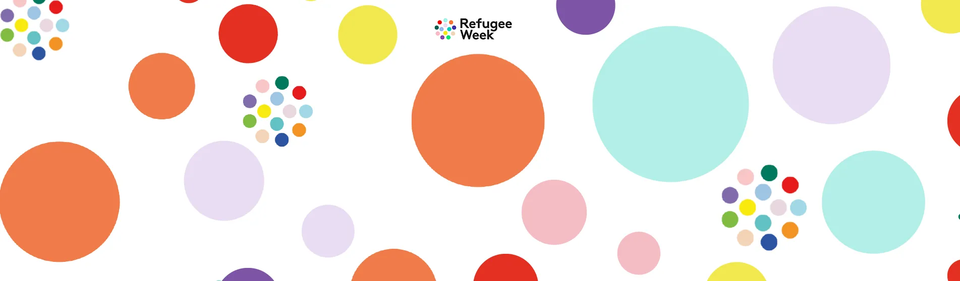 Refugee Week 2024 logo and graphic coloured dots