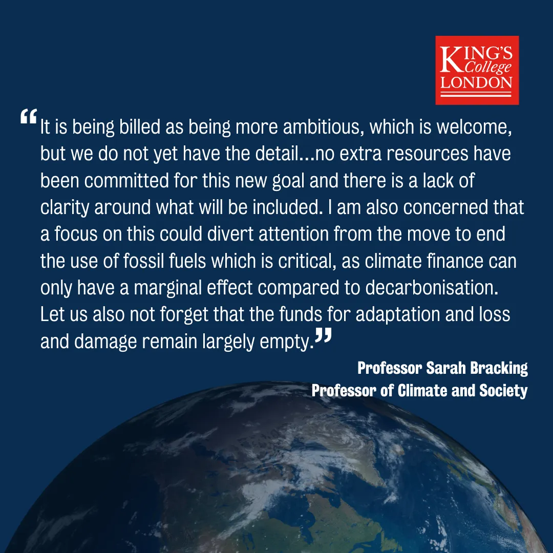 A quote by Sarah Bracking about climate finance discussions at COP29 and an image of the earth