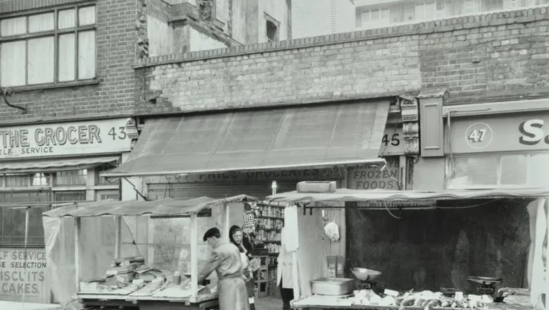 Black and White picture of a Stall at Watney Market