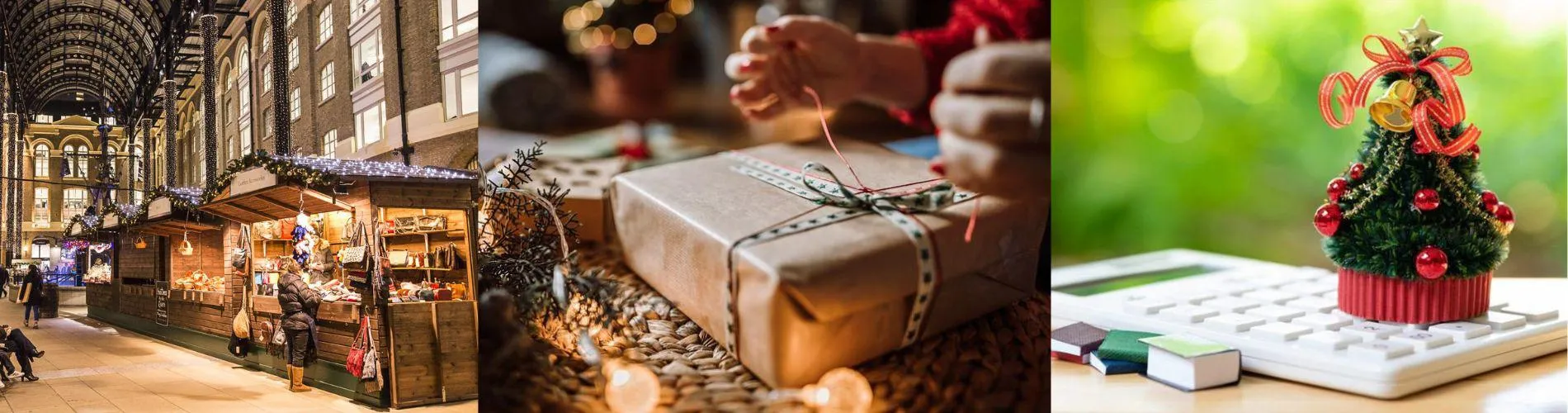 A festive holiday market, hands tying a ribbon on a gift, and a small Christmas tree decoration on a calculator.