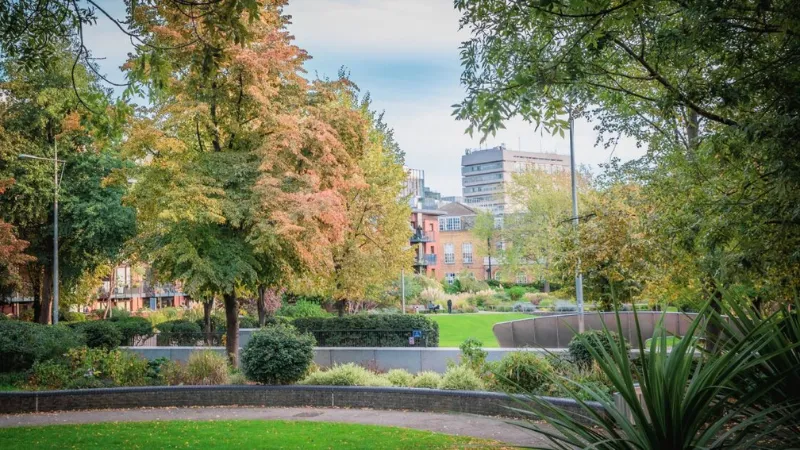 A serene park scene featuring lush green grass and trees in the foreground, inviting relaxation and nature appreciation.